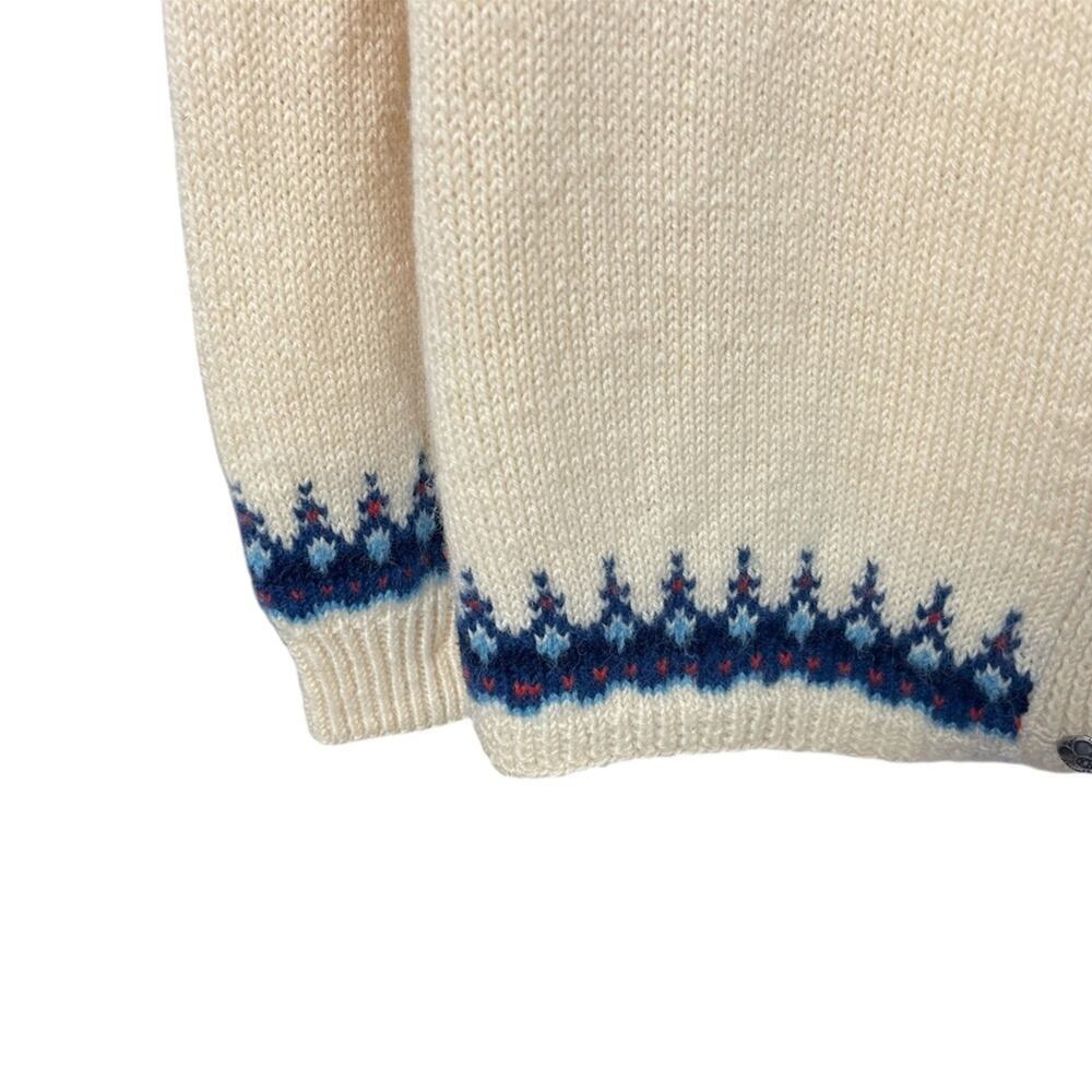 NORSK HUSFLID Vtg 70s Wool Fair Isle Hand knit Fisherman cardigan Blu/Cream, S/M - Picture 4 of 10